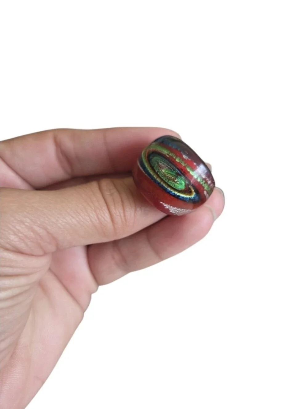 Vintage 7.5 Swirling Red, Green, and Metallic Foil Glass Ring